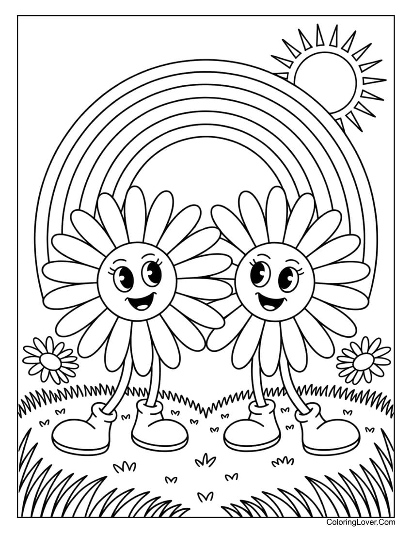 Two smiling daisies under rainbow and sun coloring page