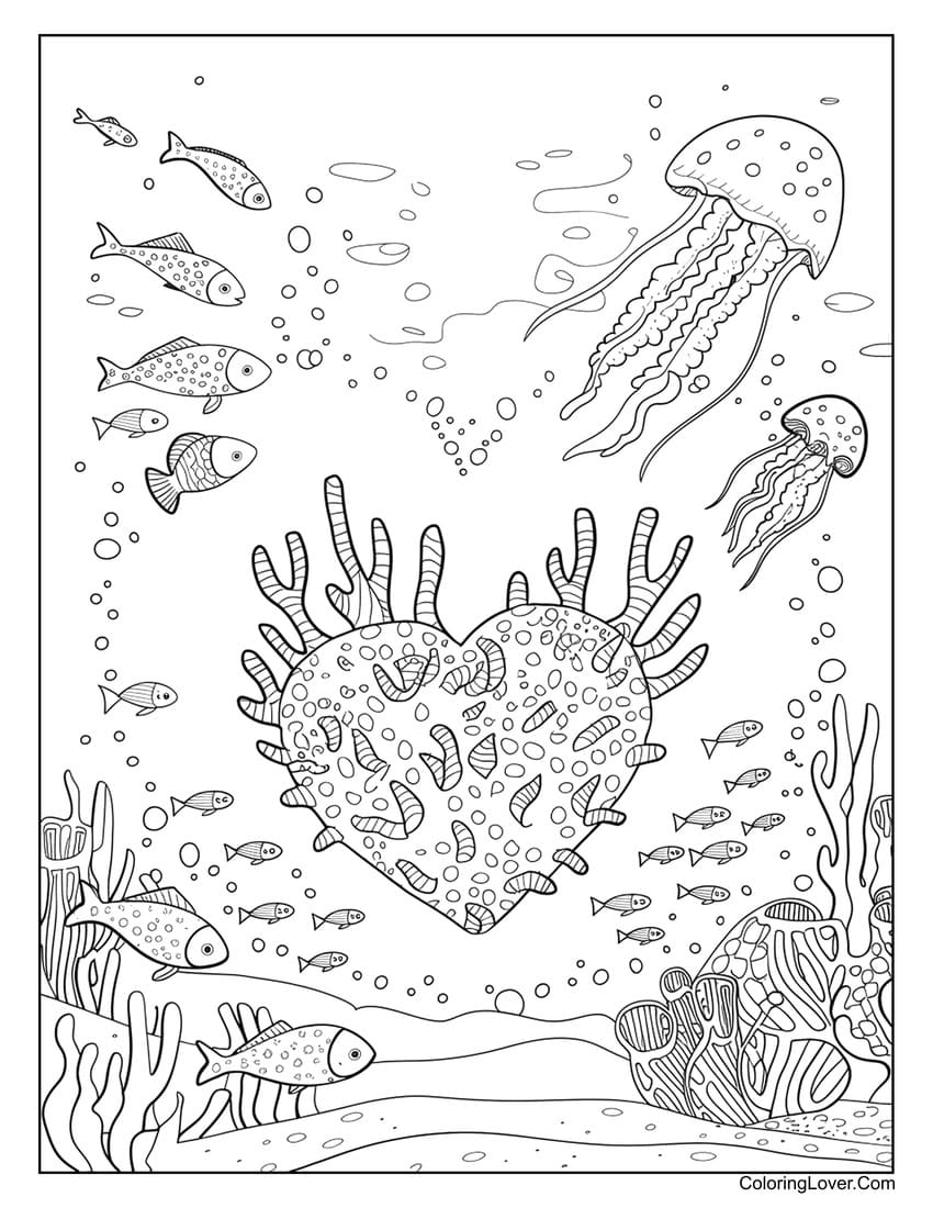 Underwater heart-themed scene coloring page