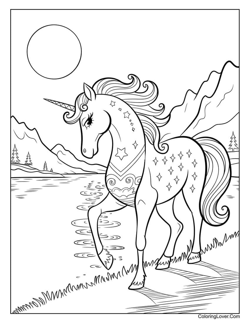 Unicorn horse walking by the lake coloring page