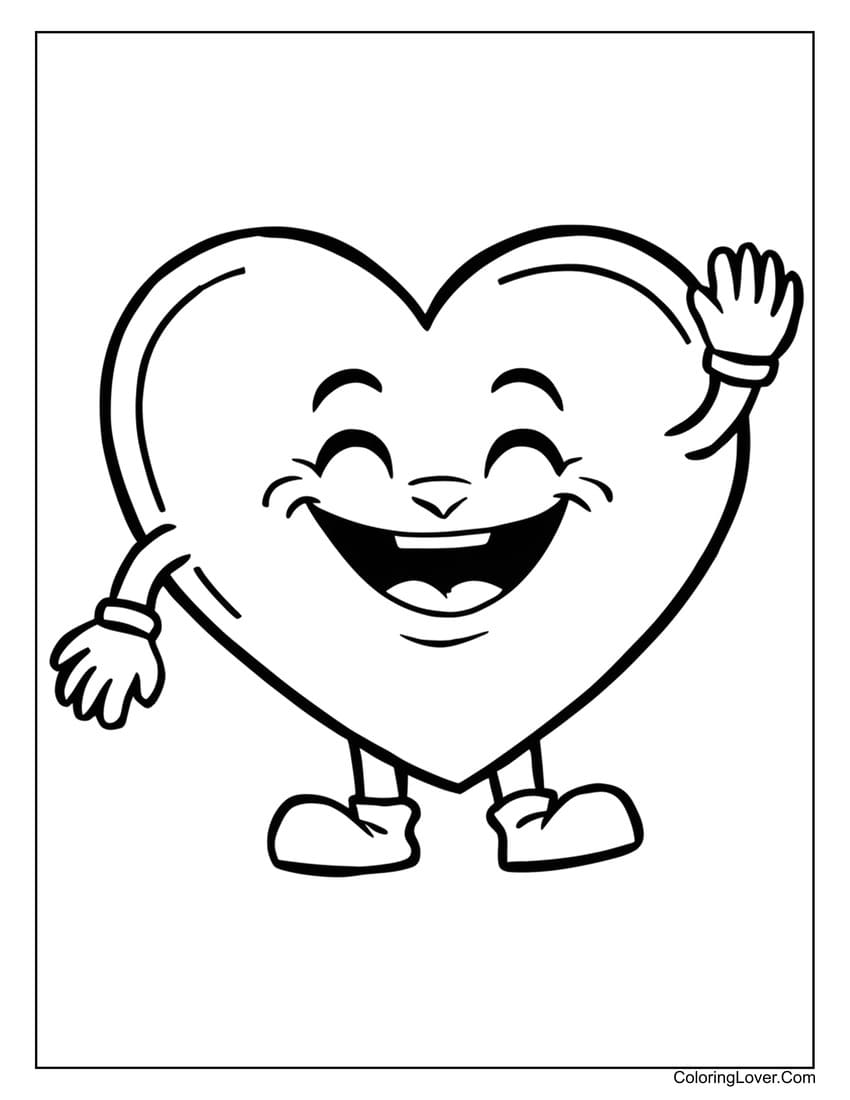 Waving smiling heart character coloring page