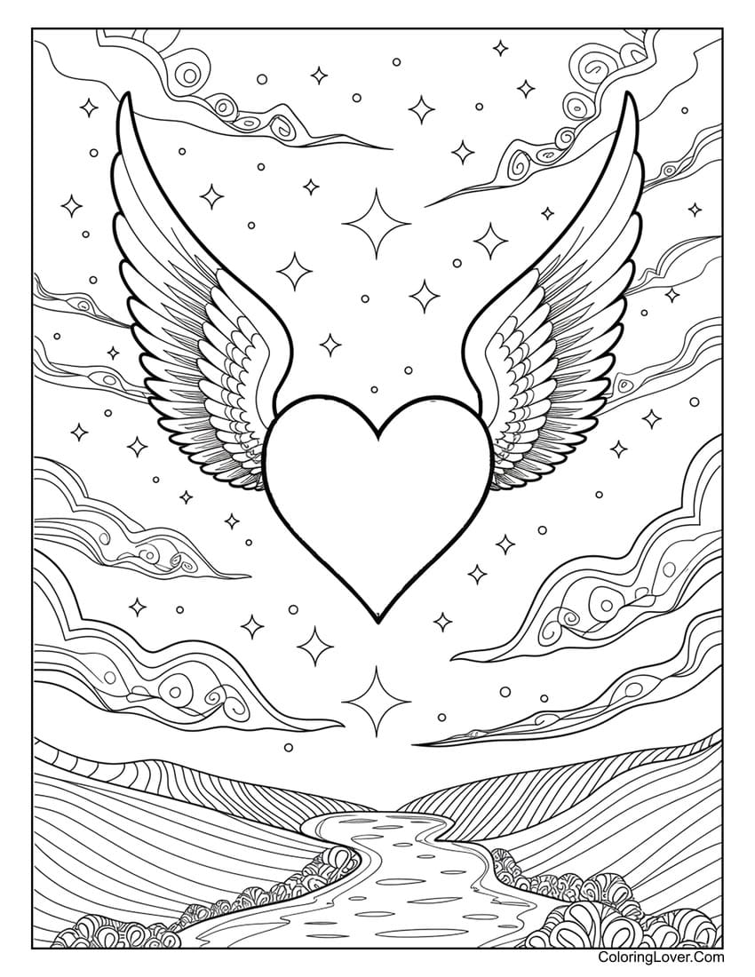 Winged heart flying above a dreamy landscape