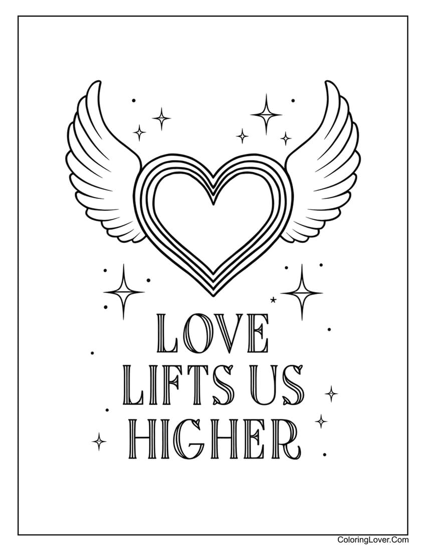 Winged heart with love quote coloring page