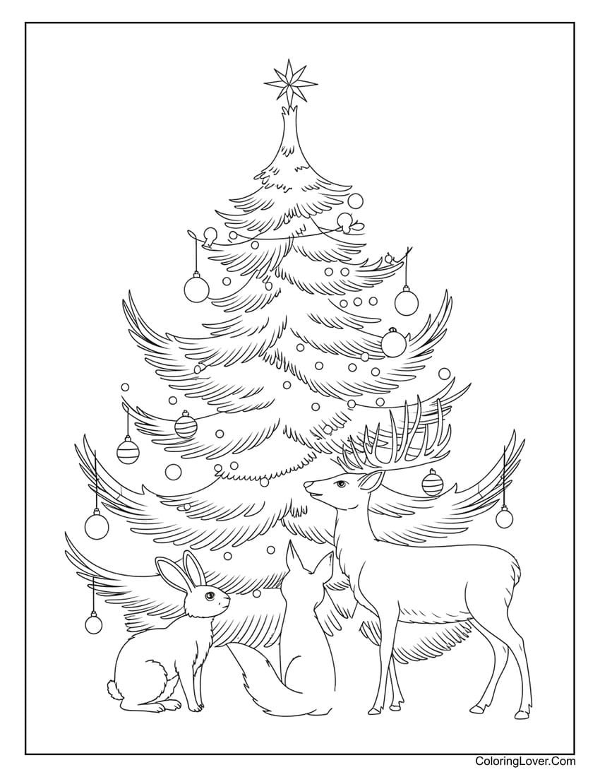 Woodland animals by Christmas tree coloring page