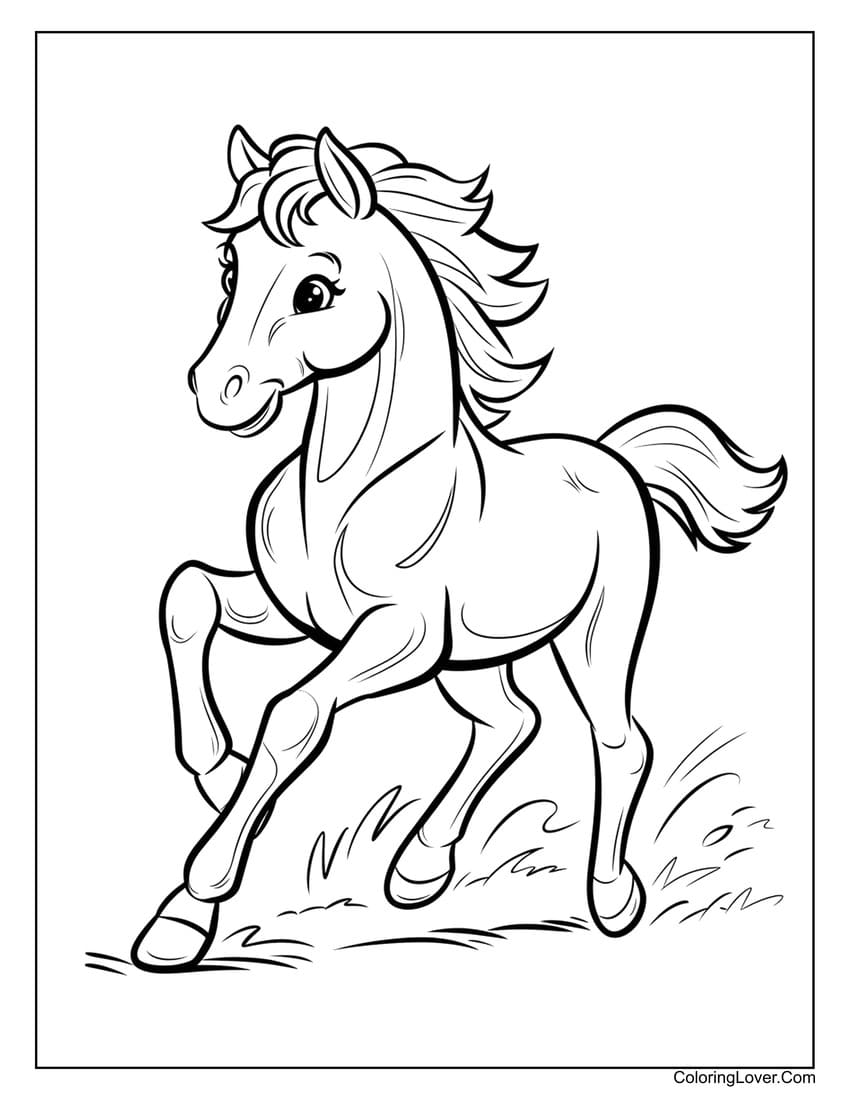 Young horse galloping in the grass coloring page