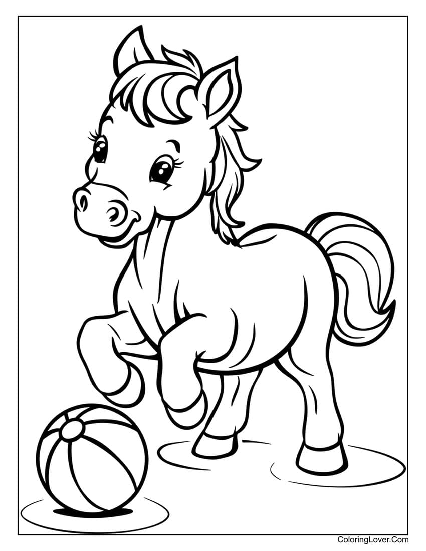 Young horse playing with a beach ball coloring page