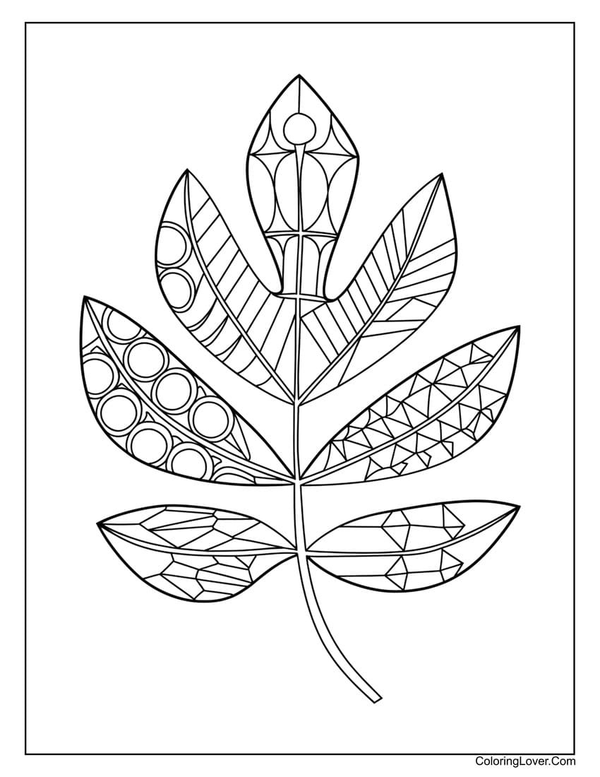 Abstract geometric leaf design coloring page