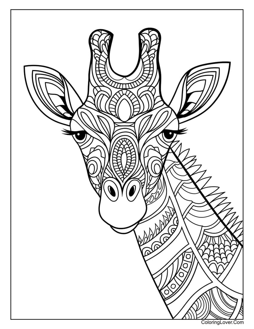 Abstract giraffe head coloring page for adults