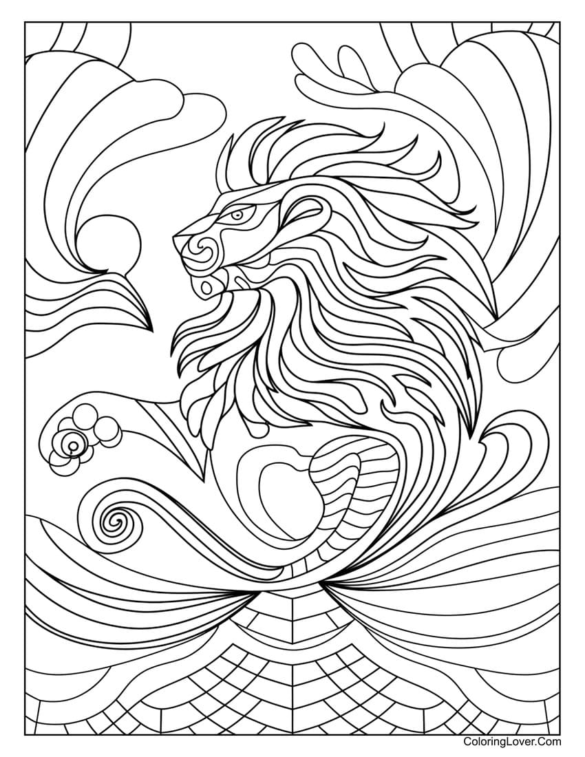 Abstract lion coloring page with flowing patterns for adults