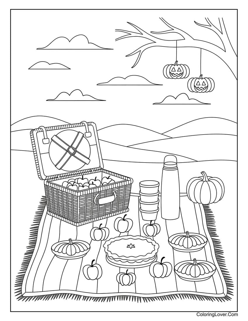 Autumn picnic with pumpkins and pie coloring page