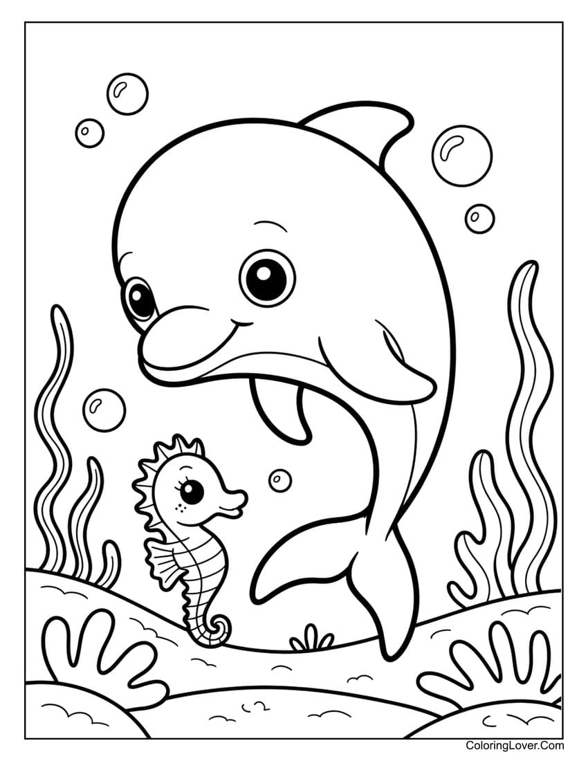 Baby dolphin and seahorse in coral reef coloring page