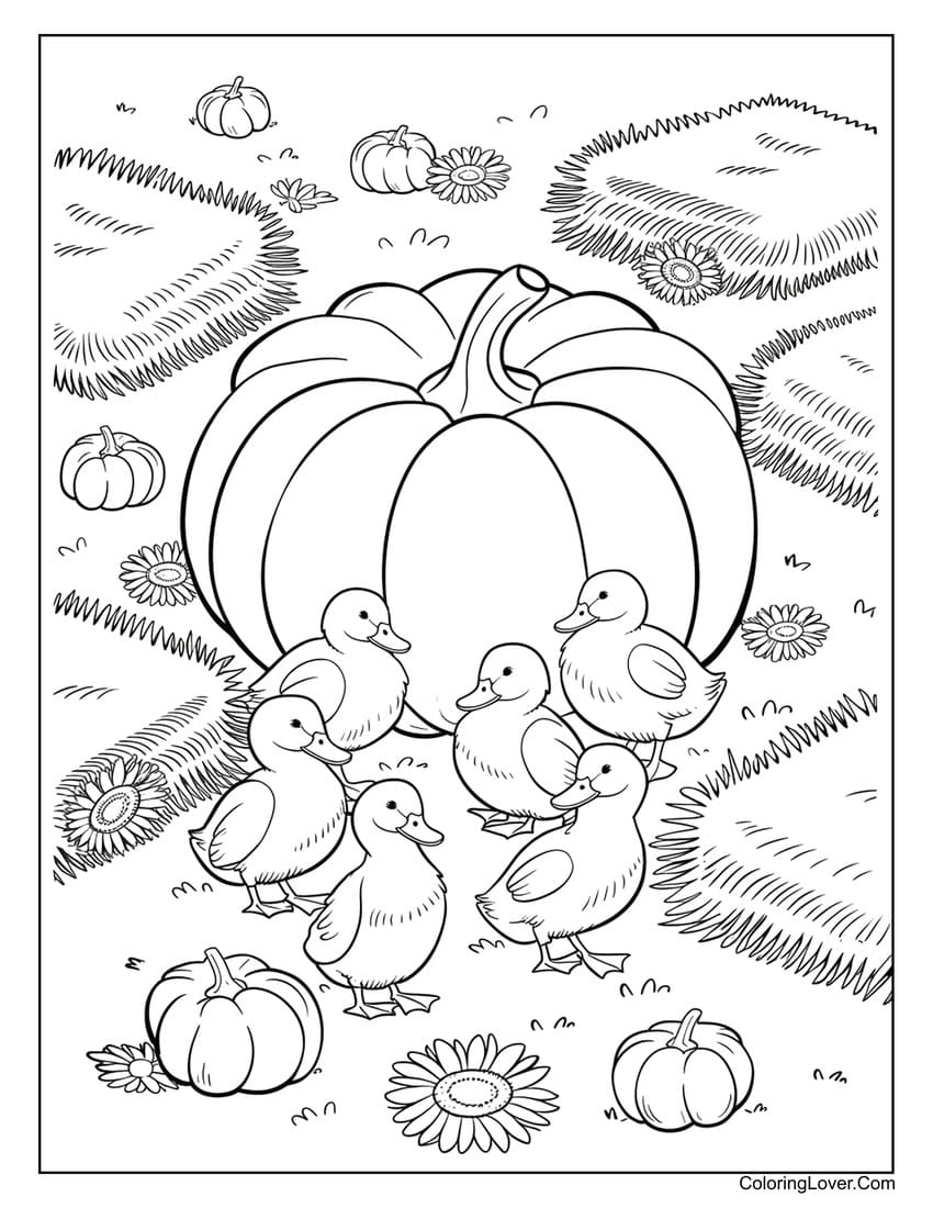 Baby ducks around a pumpkin in a fall field coloring page