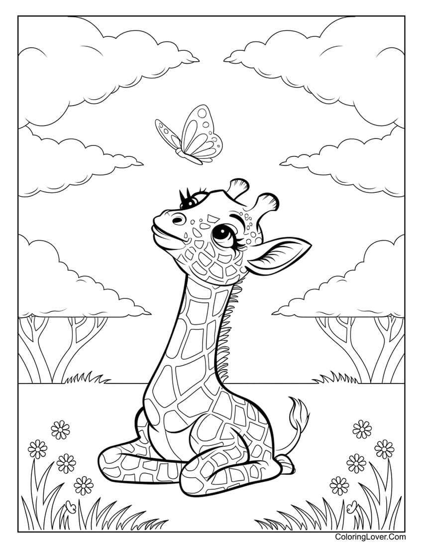 Baby giraffe and butterfly coloring page for kids