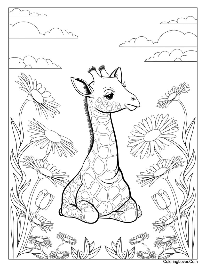 Baby giraffe sitting with flowers coloring page for kids