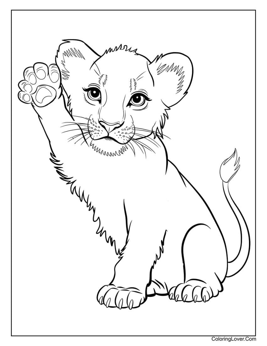 Baby lion waving paw coloring page for kids