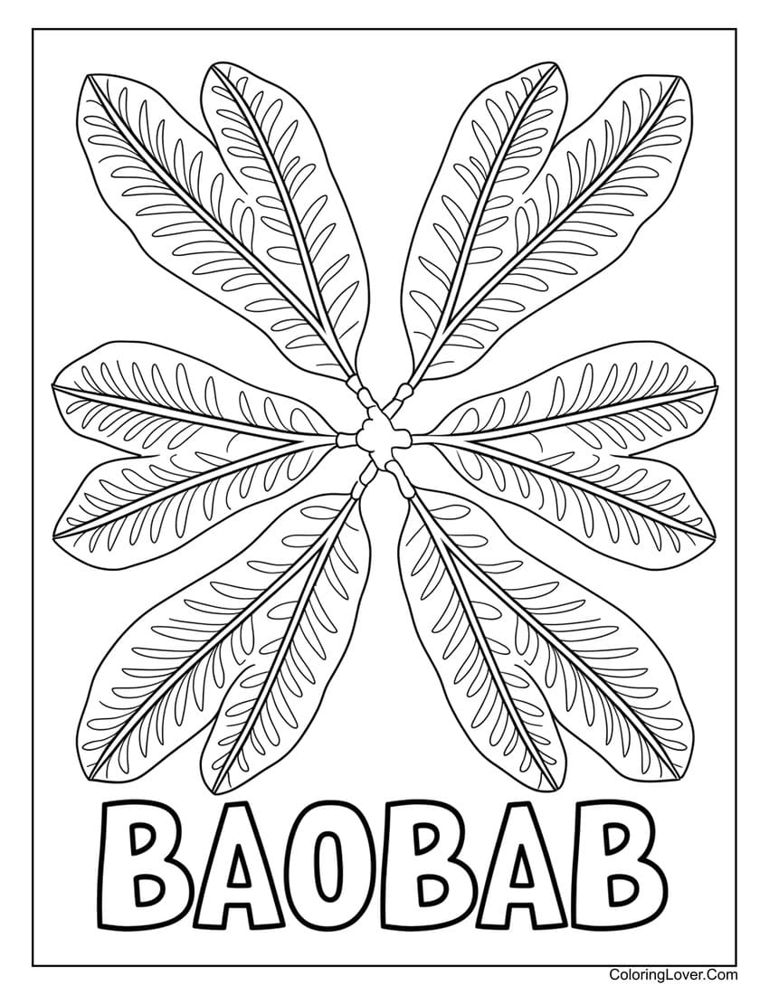Baobab tree leaf illustration coloring sheet