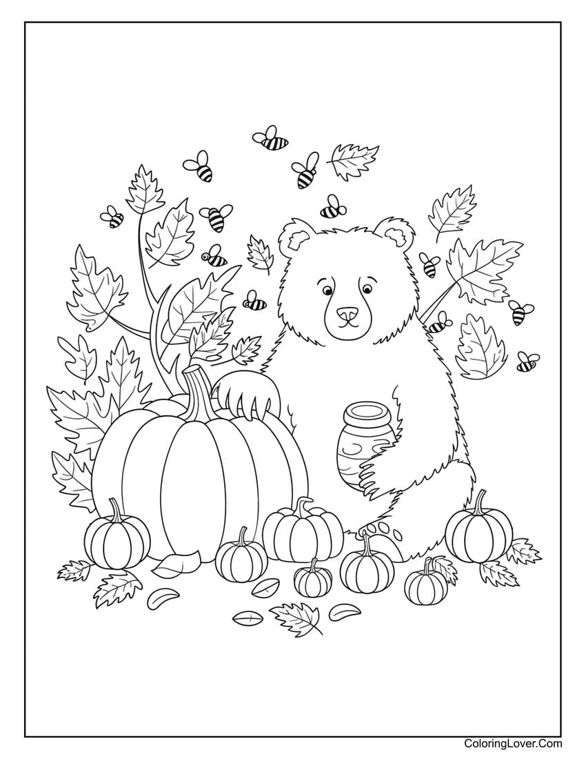 Bear with pumpkins and honey jar coloring page for fall