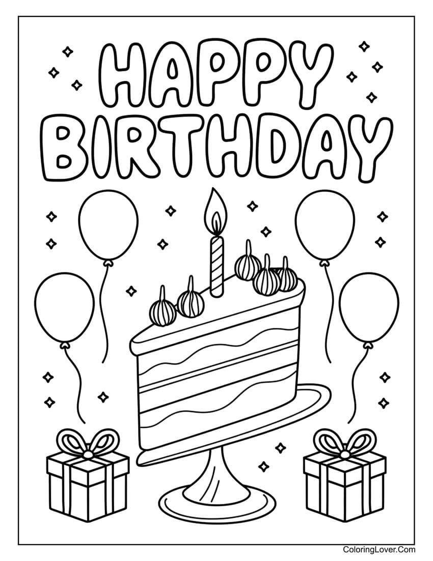 Birthday cake and presents happy birthday coloring page