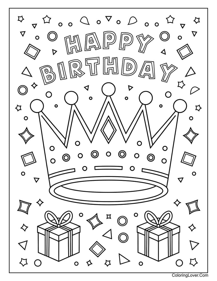 Birthday crown and presents coloring page
