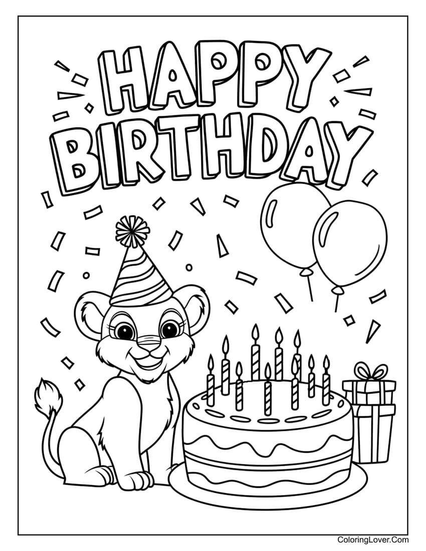 Birthday lion cub with cake coloring page