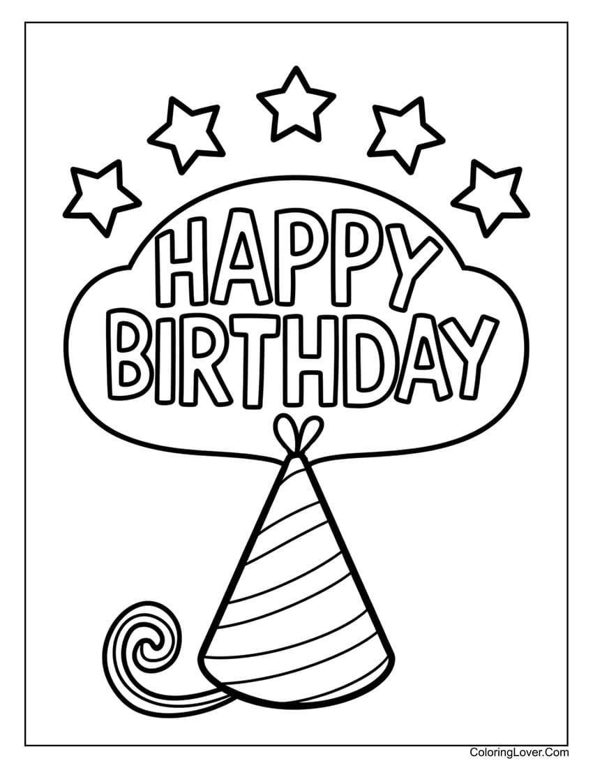 Birthday party hat and stars coloring page