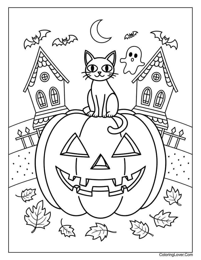 Black cat sitting on jack-o-lantern coloring page