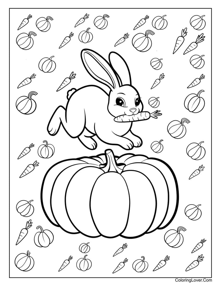 Bunny with carrot and pumpkin coloring page for kids