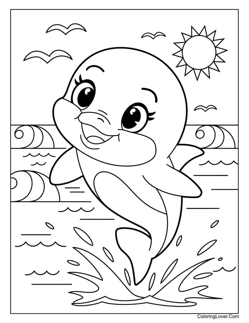 Cheerful dolphin jumping over waves with the sun coloring page