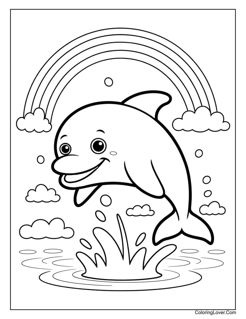 Cute baby dolphin jumping with rainbow coloring page