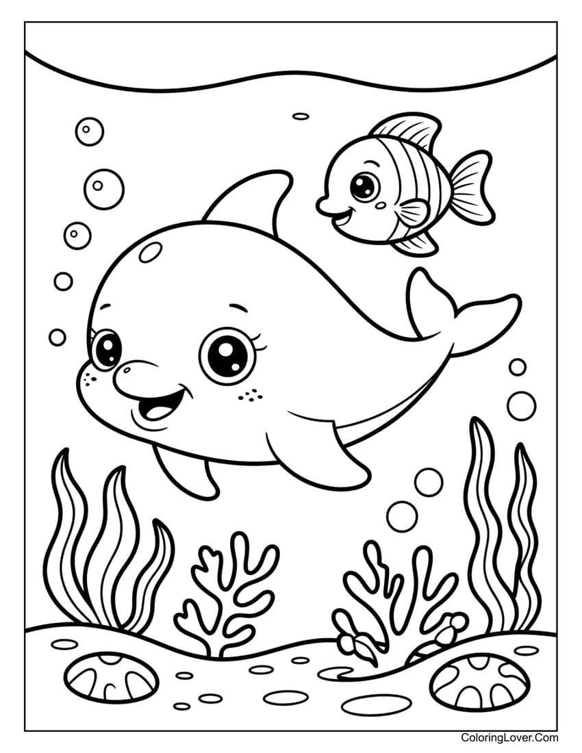 Cute baby dolphin swimming with fish coloring page