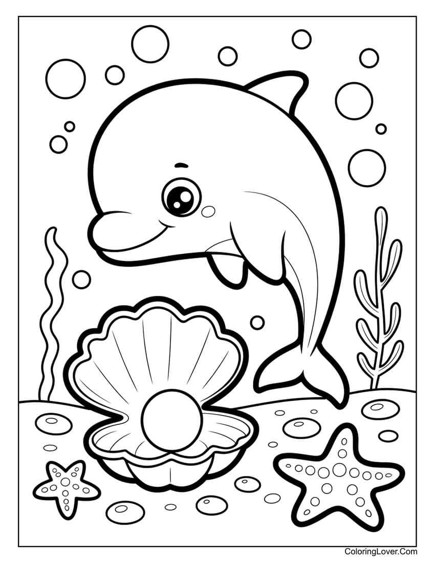 Cute baby dolphin with pearl and starfish coloring page