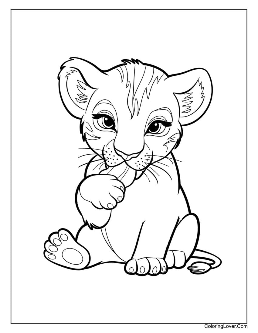 Cute baby lion licking paw coloring page for kids
