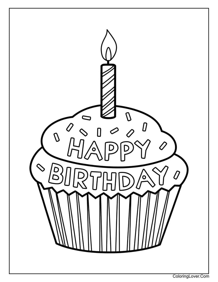 Cute cupcake with candle happy birthday coloring page