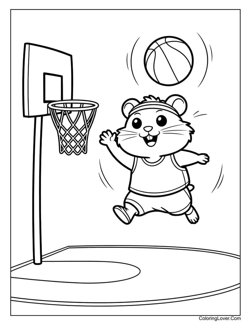 Cute hamster playing basketball on court coloring page