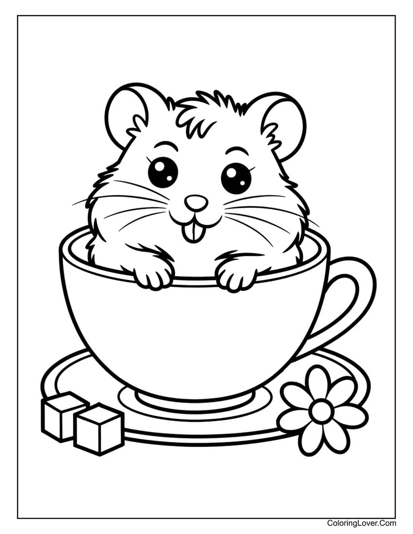 Cute hamster sitting in teacup with flower coloring page