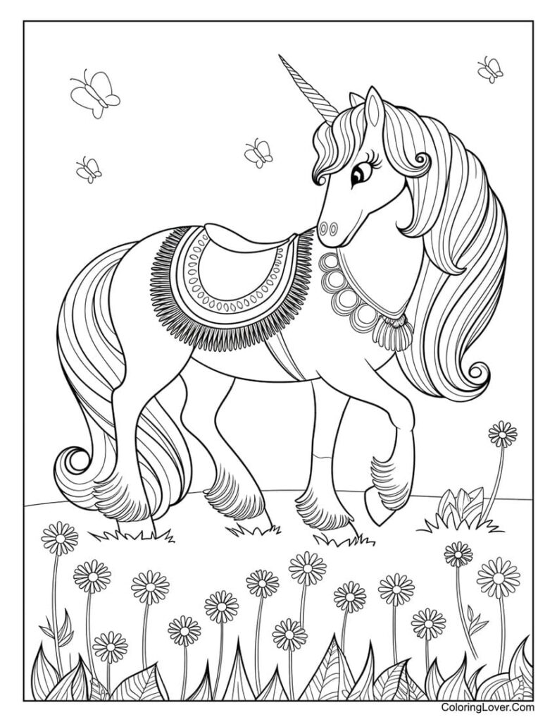 Decorative unicorn with floral background coloring page