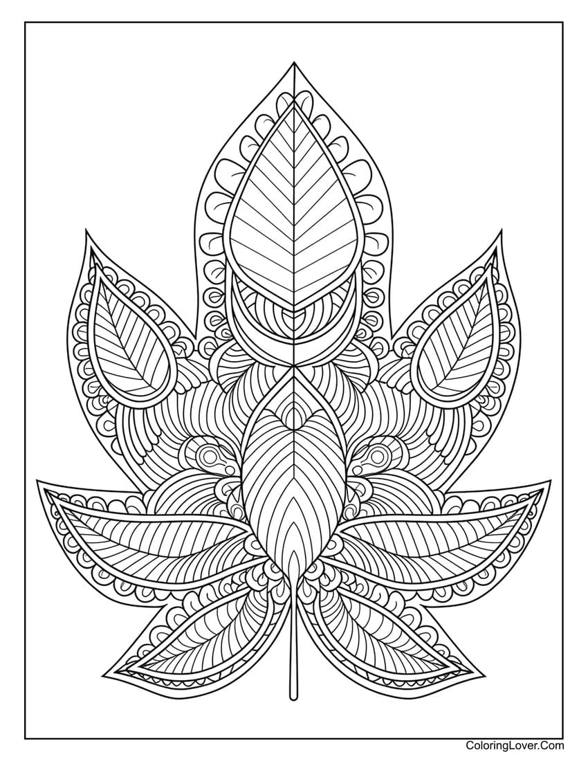 Detailed mandala maple leaf coloring sheet for adults