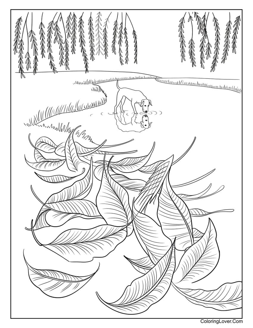 Dog and leaves near the pond coloring sheet