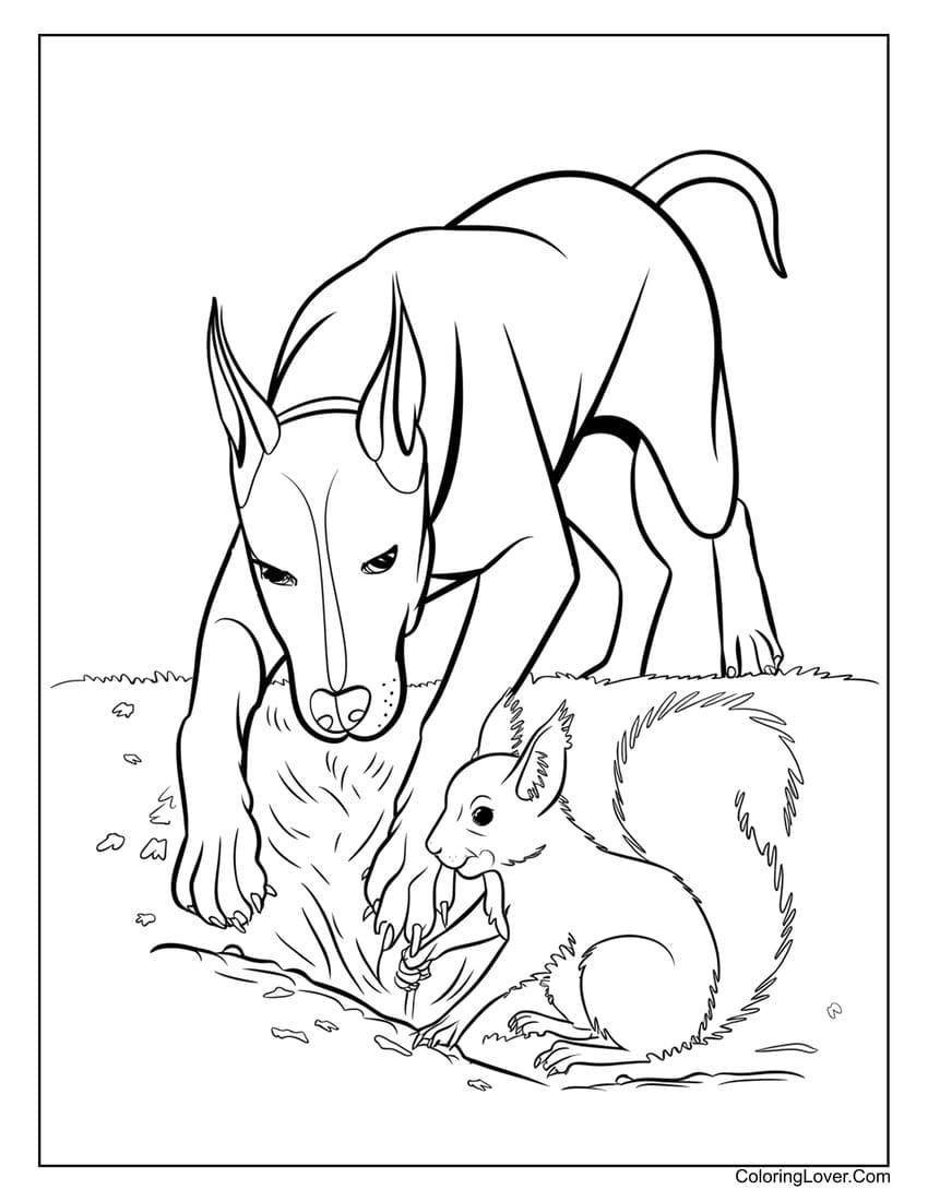 Dog and squirrel digging coloring sheet for kids