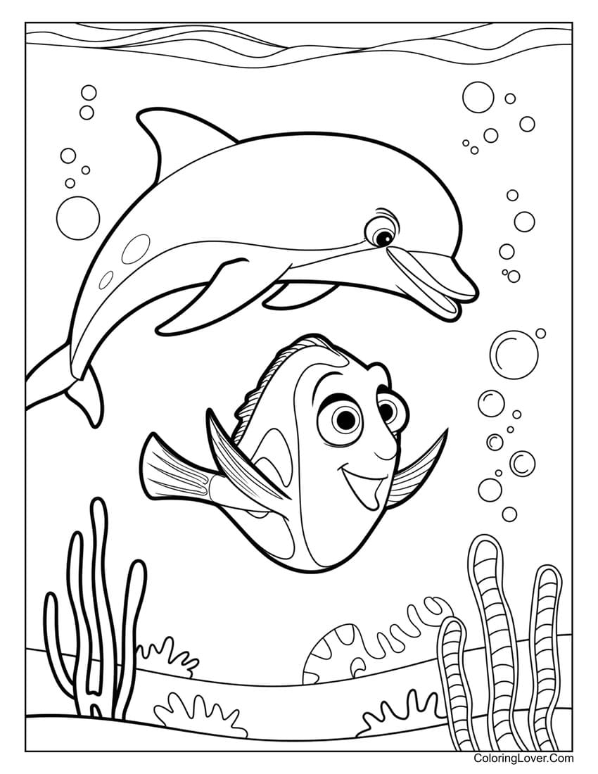 Dolphin and Dory swimming near coral coloring page