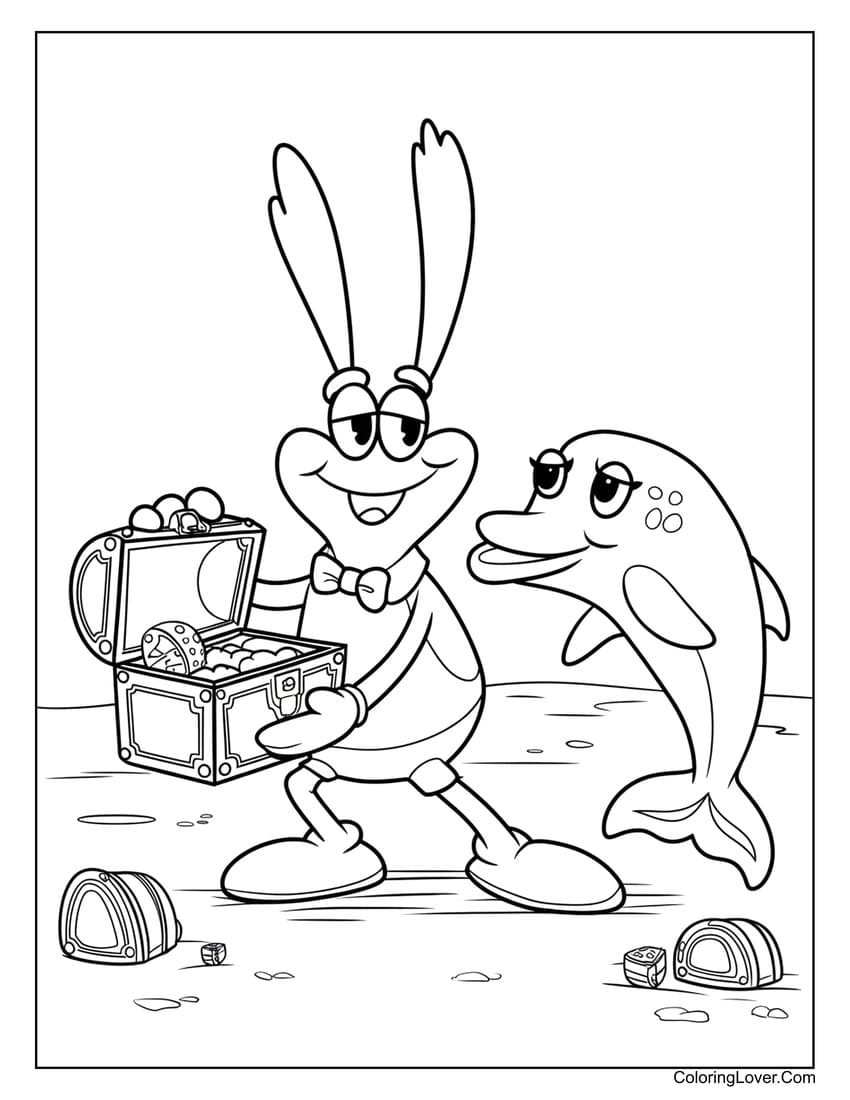 Dolphin and Mr. Krabs with treasure chest coloring page
