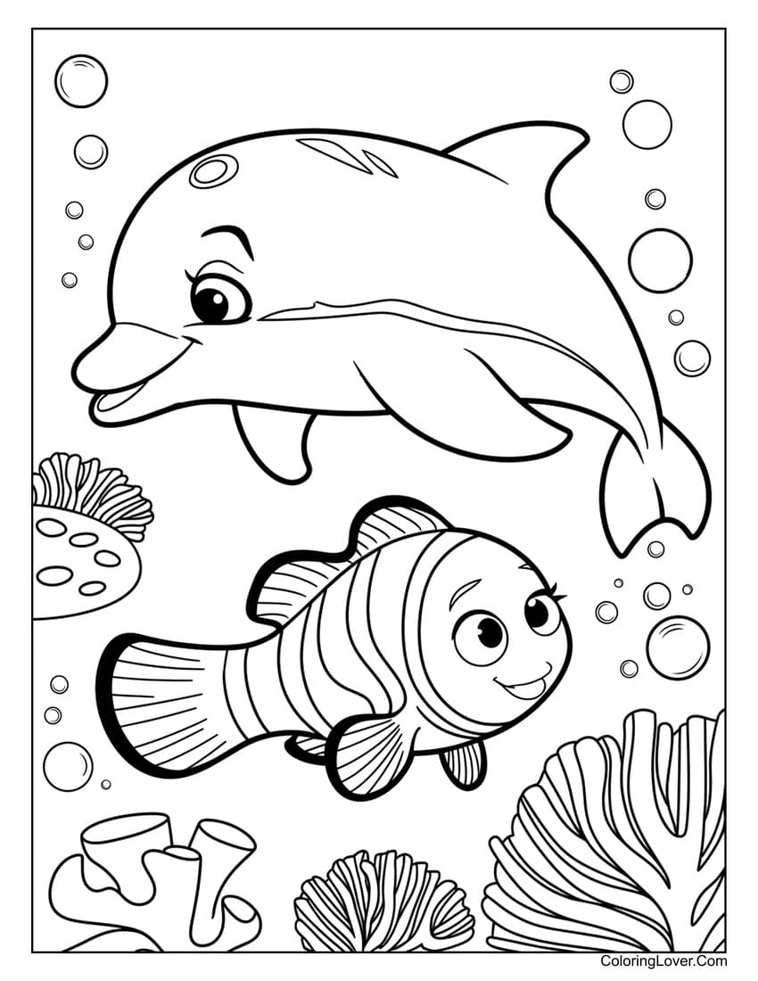 Dolphin and Nemo swimming together coloring page for kids