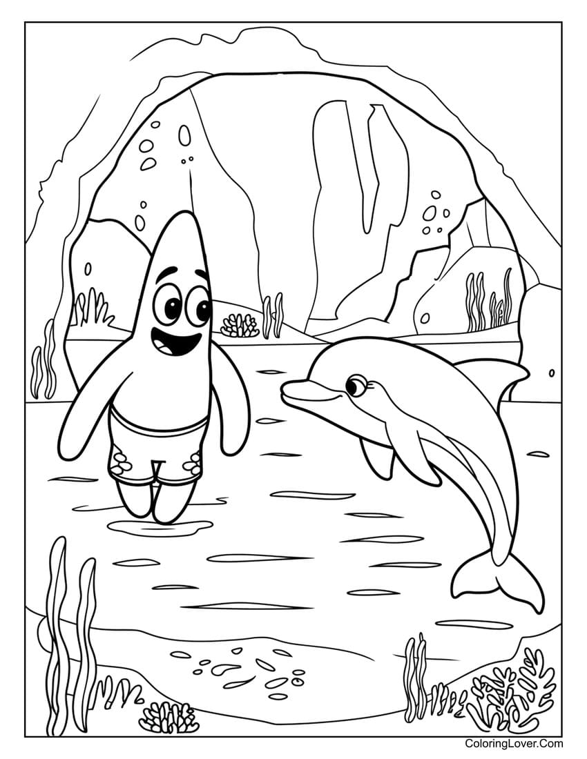 Dolphin and Patrick in underwater cave coloring sheet