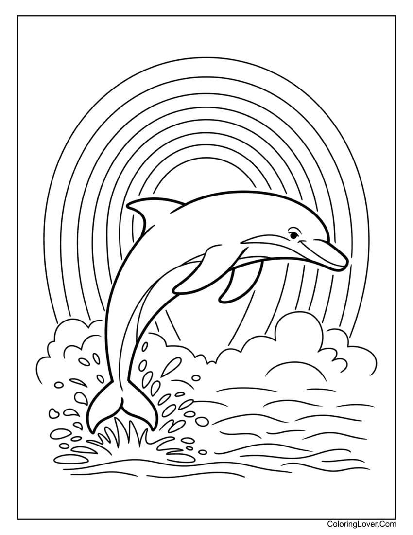 Dolphin jumping in front of rainbow coloring page
