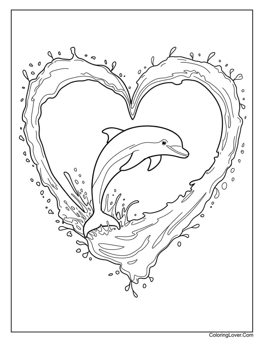 Dolphin jumping through a heart-shaped splash coloring page for girls