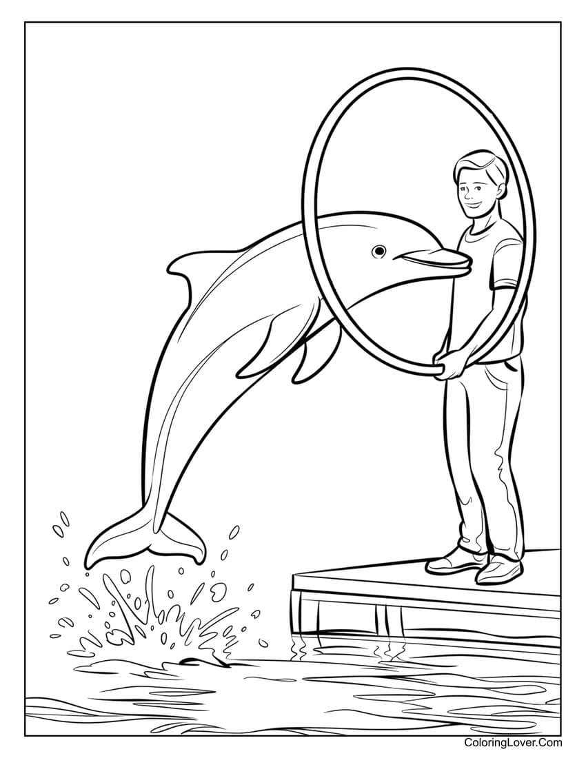 Dolphin jumping through a hoop coloring sheet