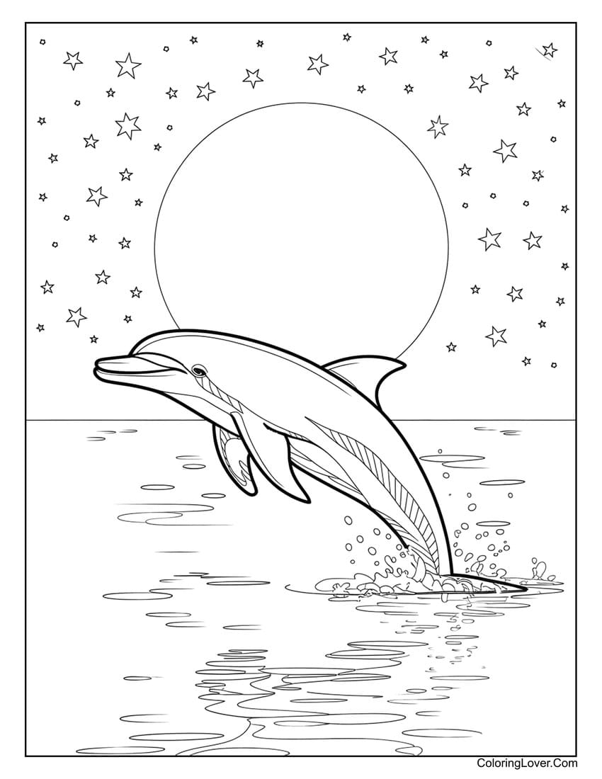 Dolphin jumping under the stars with full moon coloring page