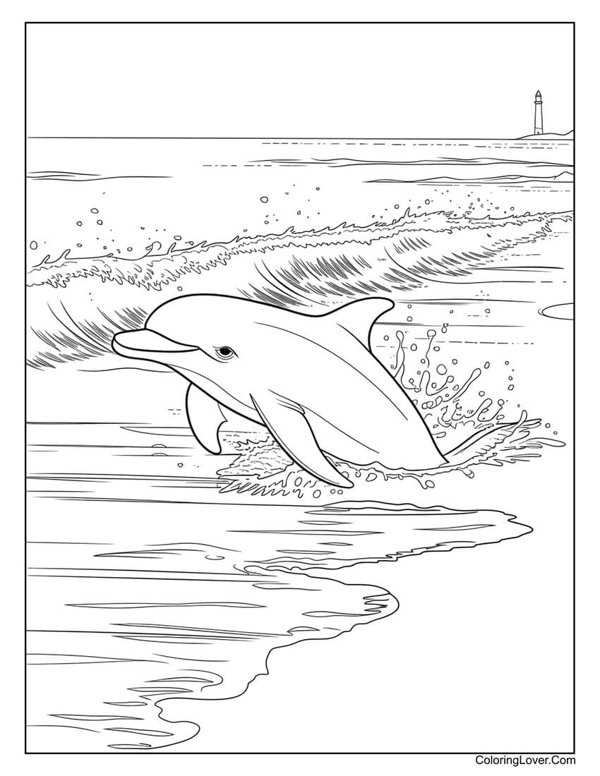 Dolphin splashing in the ocean with lighthouse coloring page