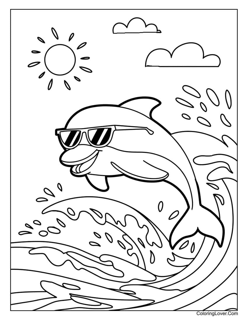Dolphin wearing sunglasses riding the waves coloring page