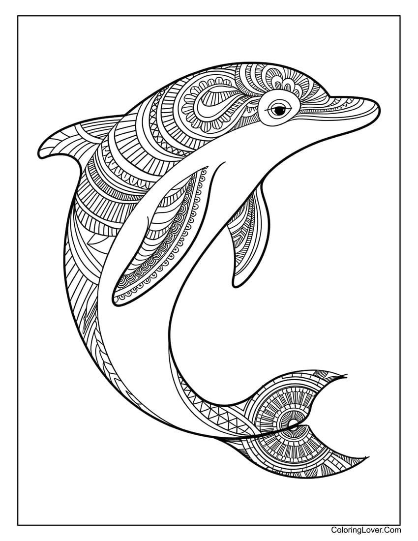 Dolphin with intricate patterns coloring page for adults