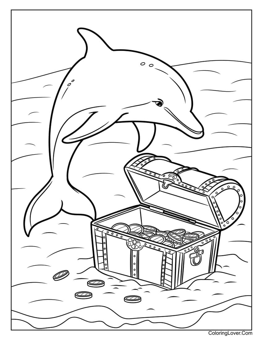 Dolphin with treasure chest coloring page